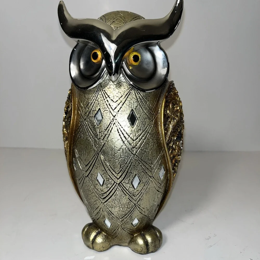 OWL Silver & Gold Accented Tones Resin Owl 9 1/2